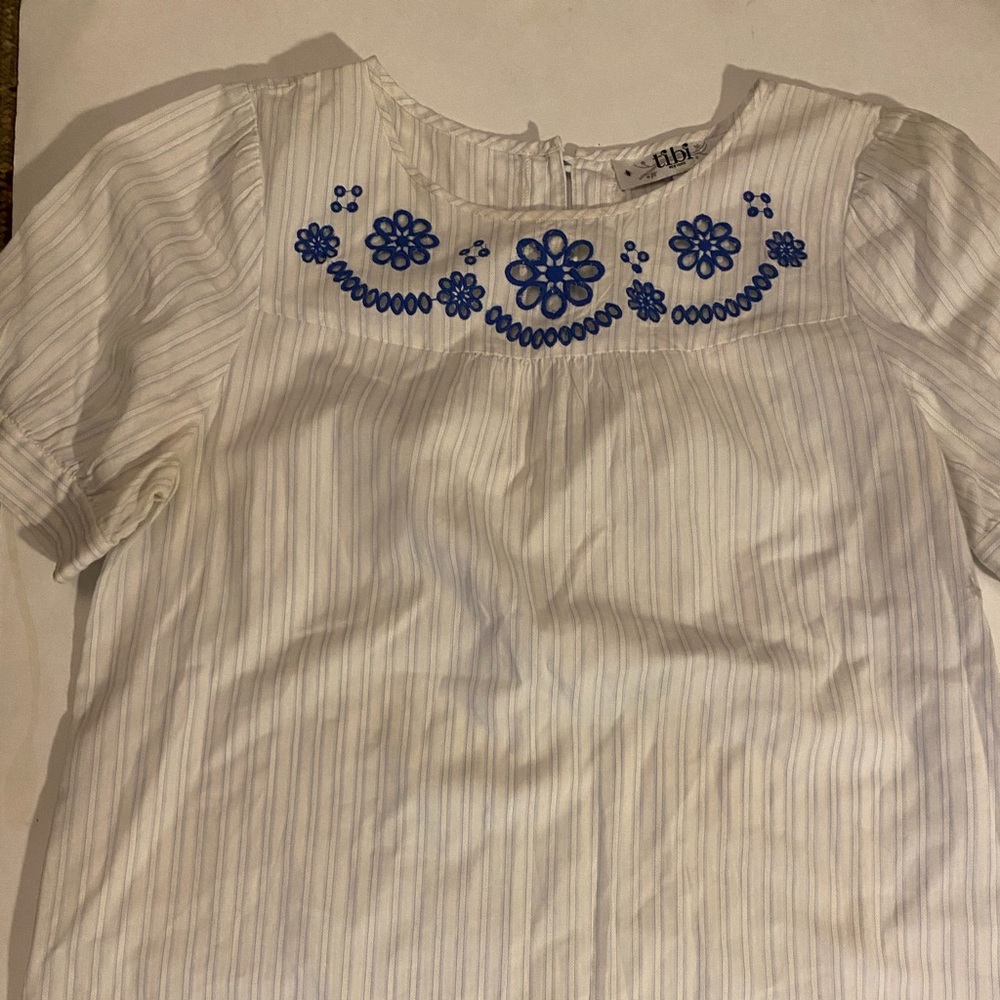 Tibi top 4 s white blue embroidered floral stripes